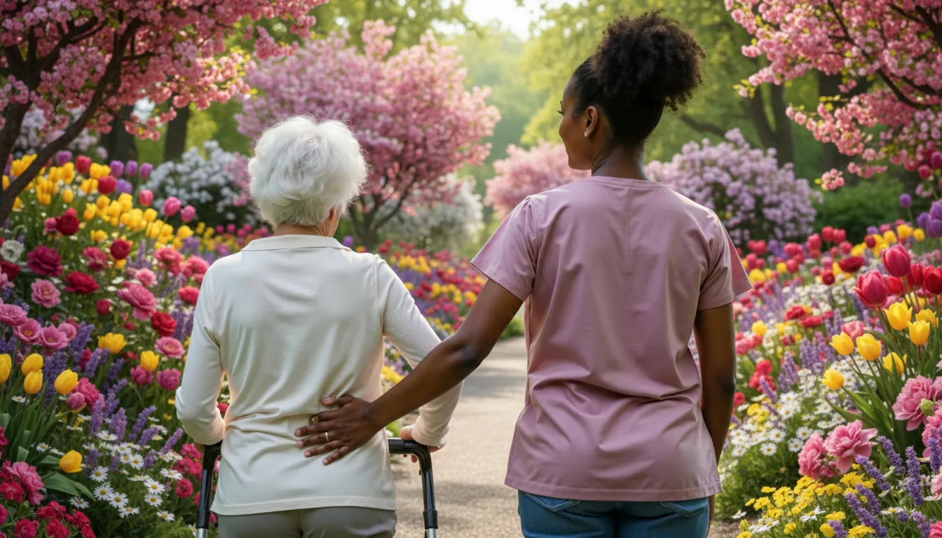 An Oxford Sisters carer walking beside an older lady with a walker through a flower garden
